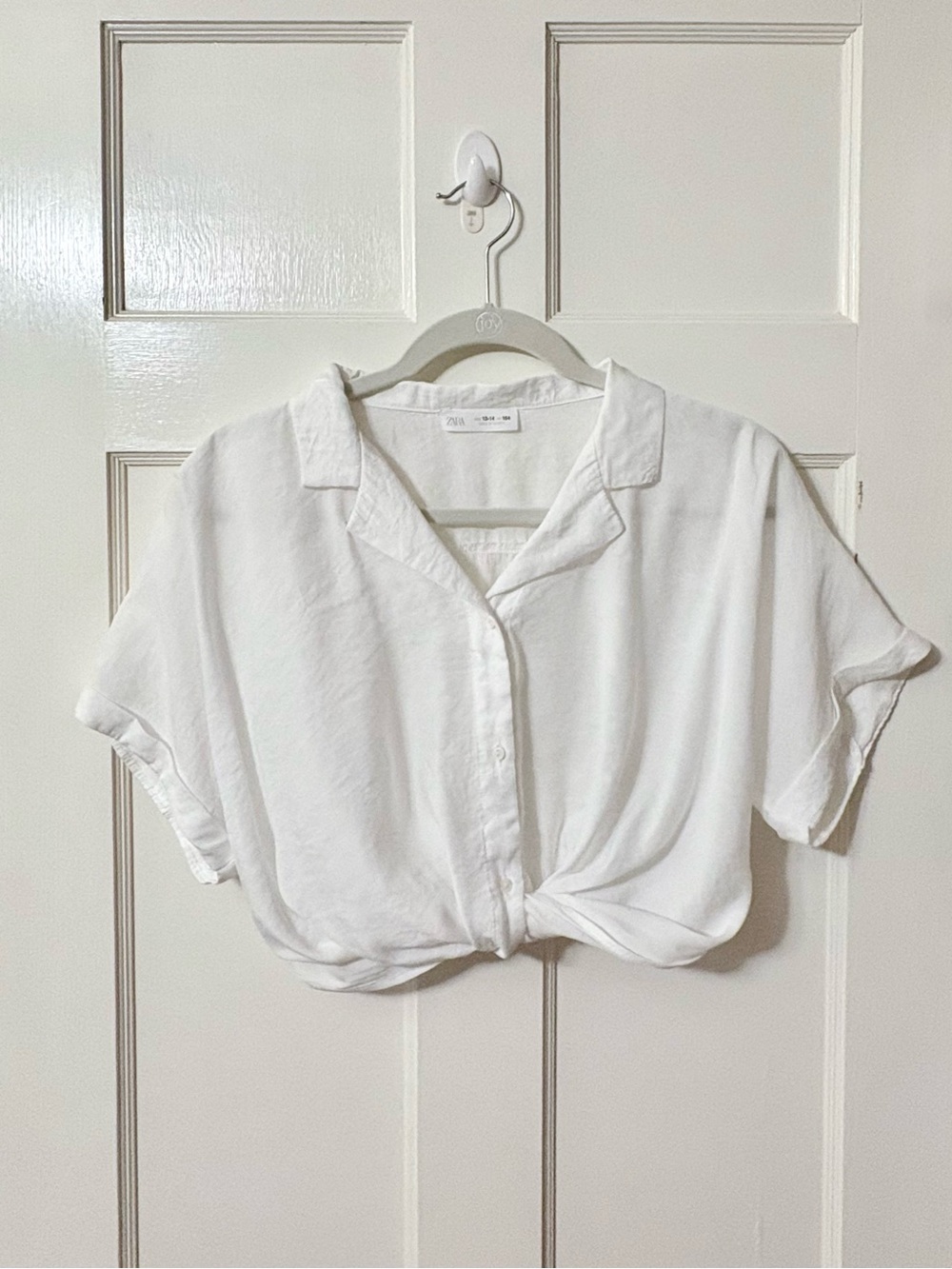 Zara Girls White Flowy Knotted Short-Sleeve Cropped Shirt